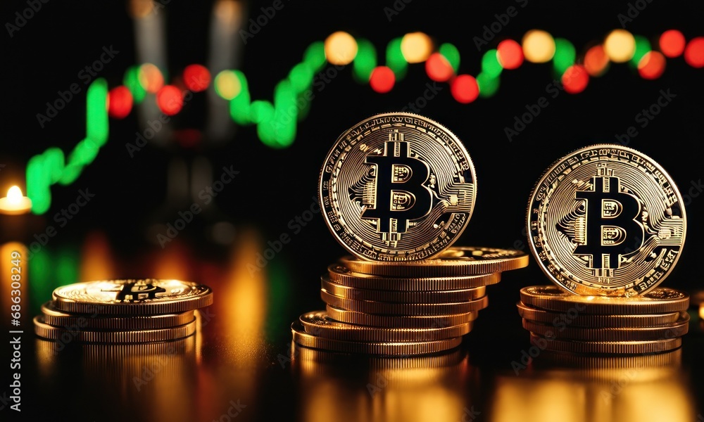 Poster bitcoin shiners on dark mirror surface in front of candlesticks price chart. bitcoin on glossy surfa