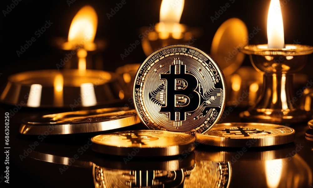 Poster bitcoin shiners on dark mirror surface in front of candlesticks. bitcoin on glossy surface, business