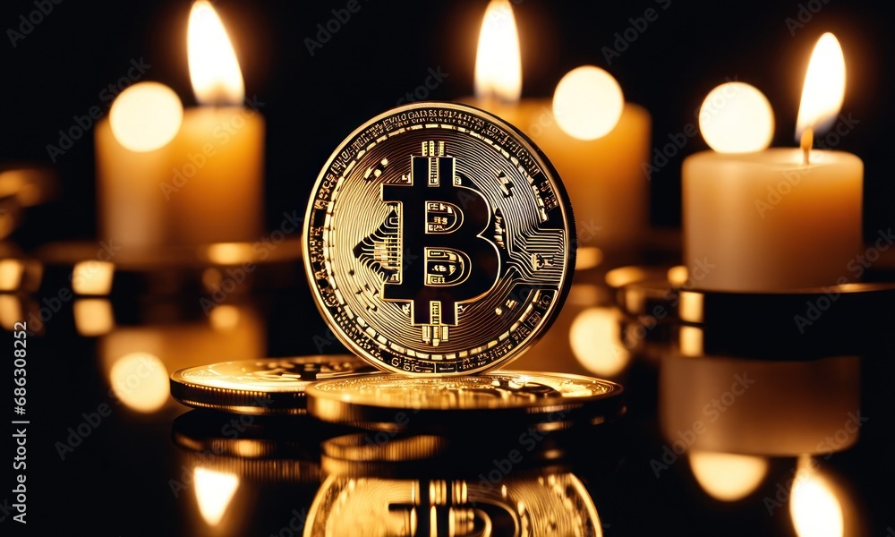 Poster bitcoin shiners on dark mirror surface in front of candlesticks. bitcoin on glossy surface, business