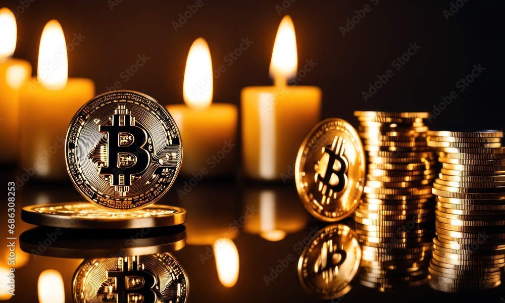 Poster bitcoin shiners on dark mirror surface in front of candlesticks. bitcoin on glossy surface, business