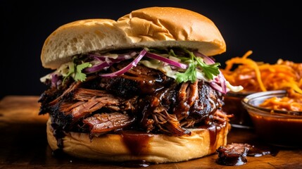 A side view of a loaded smoked brisket sandwich with barbecue sauce.
