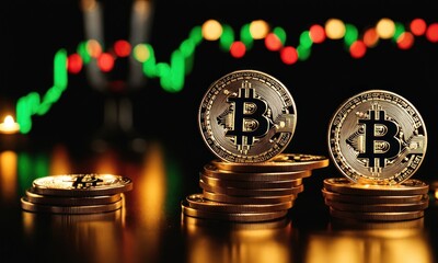 Bitcoin shiners on dark mirror surface in front of candlesticks price chart. Bitcoin on glossy surface, Business background with bitcoin icon, economical concept design