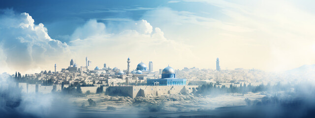 The holy land of Jerusalem with flag of Israel over the old city in haze. Cityscape of Jerusalem walls on the way of pilgrims and sacred place of three world religions - Christians, Muslims and Jews. - obrazy, fototapety, plakaty