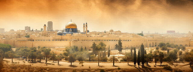 Obraz premium The holy land of Jerusalem with flag of Israel over the old city in haze. Cityscape of Jerusalem walls on the way of pilgrims and sacred place of three world religions - Christians, Muslims and Jews.