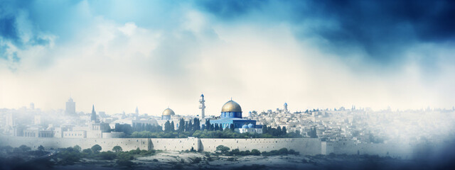 The holy land of Jerusalem with flag of Israel over the old city in haze. Cityscape of Jerusalem...