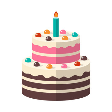 Cute birthday cake icon with candle. Traditional festive dessert for a party or celebration. Sweet dessert food. Vector illustration
