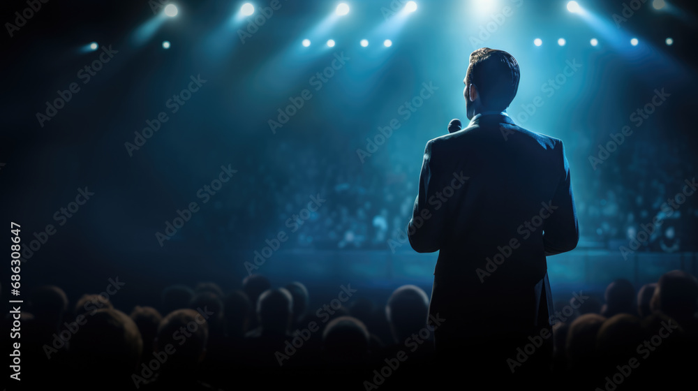 Poster man in a suit speaking into a microphone in front of an audience in a dark auditorium.