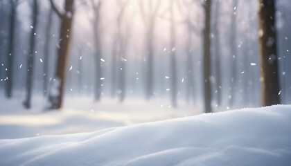 Winter background of snow and blurred forest