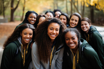 Diversity high school girls smiling in the autumn park