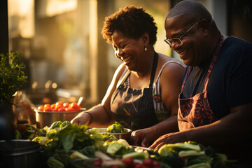 Cooking Together: African American Couple Preparing a Meal with Fresh Vegetables - Powered by Adobe