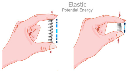 Elastic potential metal spring stretched, clamped between fingers. Elasticity mechanics, hand resting, tension, coil velocity. Experiment lesson, homework test. Physics illustration vector - obrazy, fototapety, plakaty