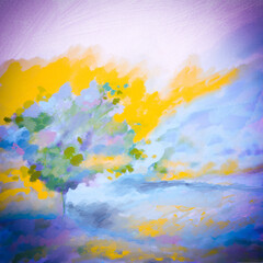 Impressionistic Tree On A Lakeside at Sunrise or Sunset with Bright Highlights & Blue, Orange, Pink & Lavender - Art, Digital Painting, Design, Illustration, Artwork