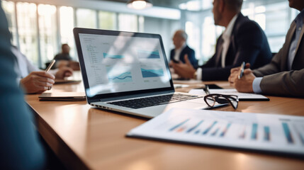 Group of businesspeople are engaged in a business meeting with analytics and laptop at the office desk.