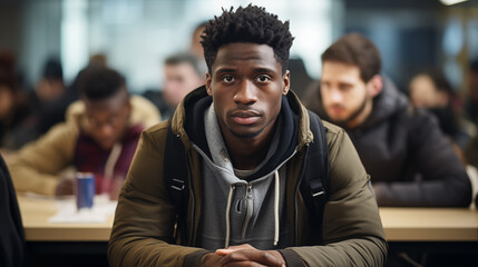 Portrait of a lonely young man - an African refugee, with an expression of diligence on his face, studying a new language in a modern training center - obrazy, fototapety, plakaty