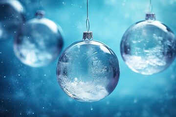 Fototapeta na wymiar Frosted Christmas baubles, icy glass balls
