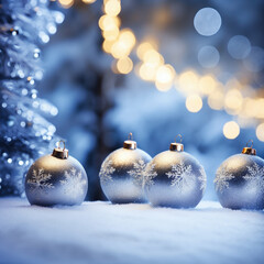 Christmas baubles balls on snow outdoors. Glittering lights background