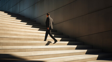 A man in a business suit walking up the stairs outside - Powered by Adobe