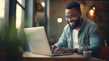 Smiling man working on a laptop in his office