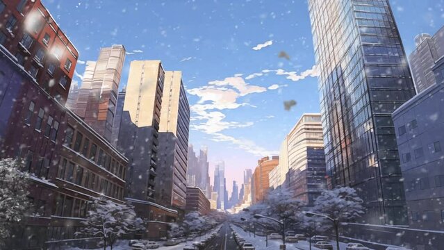 winter scenery. Panorama urban modern city skyline sunrise. modern. in anime or cartoon illustration style