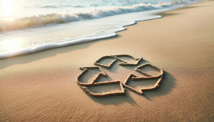 Recycle symbol made out of sand. Save the oceans and ecology concept.