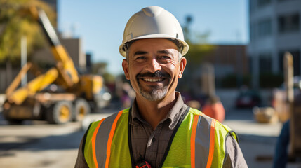 Smiling construction worker, wearing a hard hat,and a reflective vest, stands confidently at a construction site. - obrazy, fototapety, plakaty