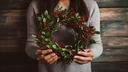 Christmas Wreath close up in woman hands. Collect a wreath. Merry Christmas and Happy New Year. Traditional decoration. Winter holidays. Celebration. Generated AI