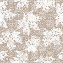 Japanese vintage art deco motifs geometric floral distressed seamless Vector damask illustration with leaves. Decorative botanical background.