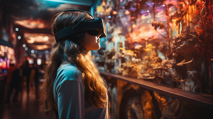 Woman using VR headset in vibrant space.
