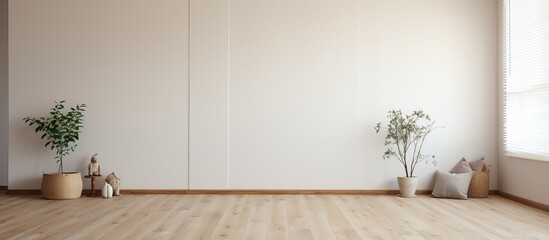 Empty bedroom with white walls laminate flooring and fitted wardrobe - obrazy, fototapety, plakaty