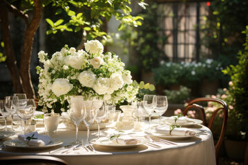 Elegant wedding reception with white table setting, floral arrangement of white flowers