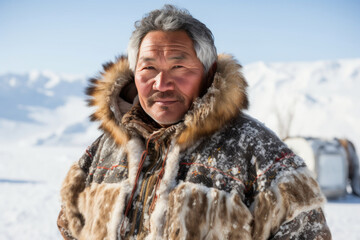 Smiling Inuit man in traditional fur coat with snowscape - obrazy, fototapety, plakaty