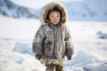 Full body portrait of a young Inuit child in Alaska - obrazy, fototapety, plakaty