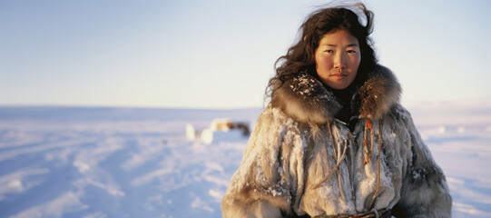 Inuit woman in traditional fur attire in Alaskan wilderness - obrazy, fototapety, plakaty