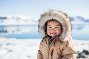 Fototapeta na wymiar Joyful Inuit child with fur hood in Alaska