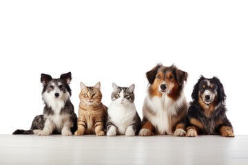 Beautiful dogs and cats looking at the camera Front view. Friendship on transparent background. Isolated.