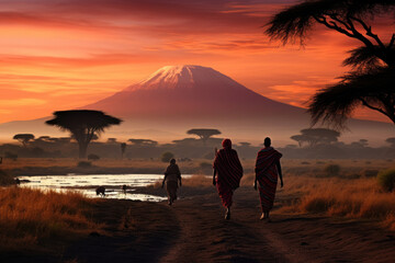 Masai tribespeople walking towards Kilimanjaro at sunrise