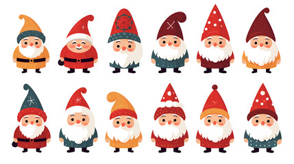 simple vector illustration set, isolated on a white background, Free vector hand drawn flat christmas gnomes collection