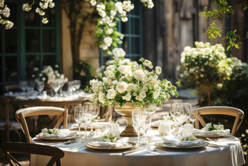 Fototapeta na wymiar Festive table setting for wedding guests with beautiful white flowers in vases
