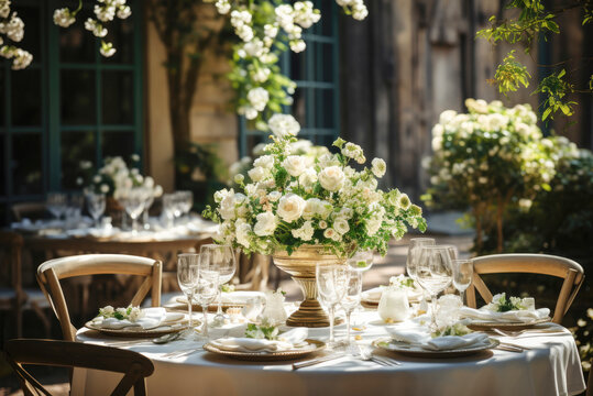 Festive table setting for wedding guests with beautiful white flowers in vases