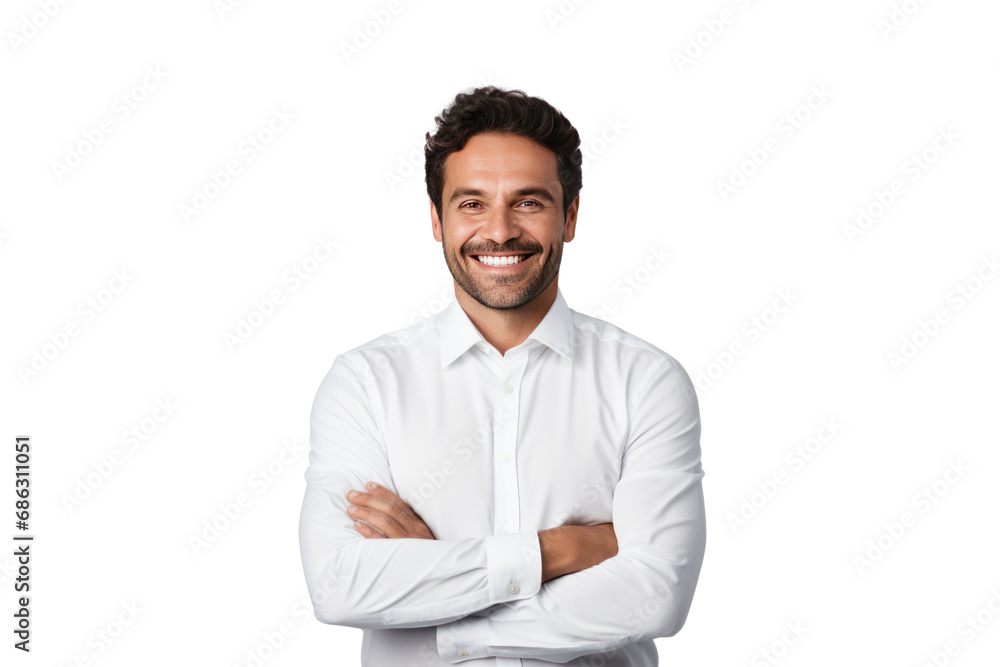 Wall mural cheerful brunette businessman wearing a white button-up shirt smile confidently and cheerfully with 