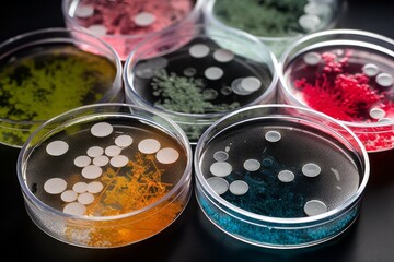 Petri dishes showcase vibrant colorful bacterial colonies, creating a visually dynamic representation of microbial growth in a laboratory setting. Scientific and clinical research concept. 