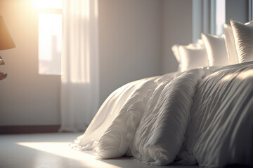 cozy white bed in white bedroom - obrazy, fototapety, plakaty