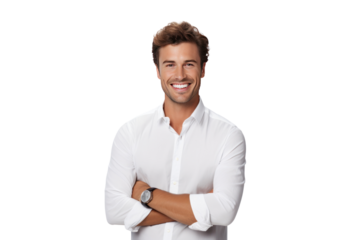 Cheerful brunette businessman wearing a white button-up shirt Smile confidently and cheerfully with your arms crossed. On a transparent background. Isolated.