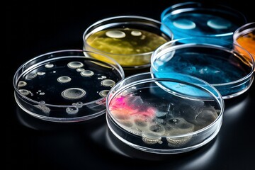 Petri dishes showcase vibrant colorful bacterial colonies, creating a visually dynamic representation of microbial growth in a laboratory setting. Scientific and clinical research concept. 