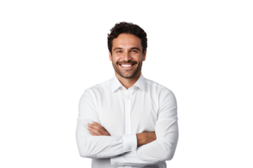 Cheerful brunette businessman wearing a white button-up shirt Smile confidently and cheerfully with your arms crossed. On a transparent background. Isolated.