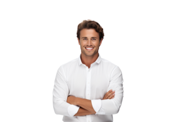 Cheerful brunette businessman wearing a white button-up shirt Smile confidently and cheerfully with your arms crossed. On a transparent background. Isolated.