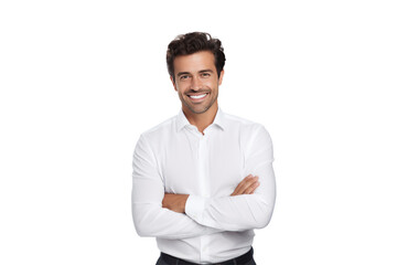 Cheerful brunette businessman wearing a white button-up shirt Smile confidently and cheerfully with your arms crossed. On a transparent background. Isolated. - Powered by Adobe