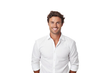 Cheerful brunette businessman wearing a white button-up shirt Smile confidently and cheerfully with your arms crossed. On a transparent background. Isolated.