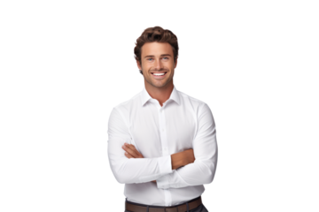 Cheerful brunette businessman wearing a white button-up shirt Smile confidently and cheerfully with your arms crossed. On a transparent background. Isolated.
