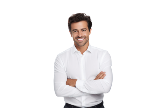Cheerful brunette businessman wearing a white button-up shirt Smile confidently and cheerfully with your arms crossed. On a transparent background. Isolated.